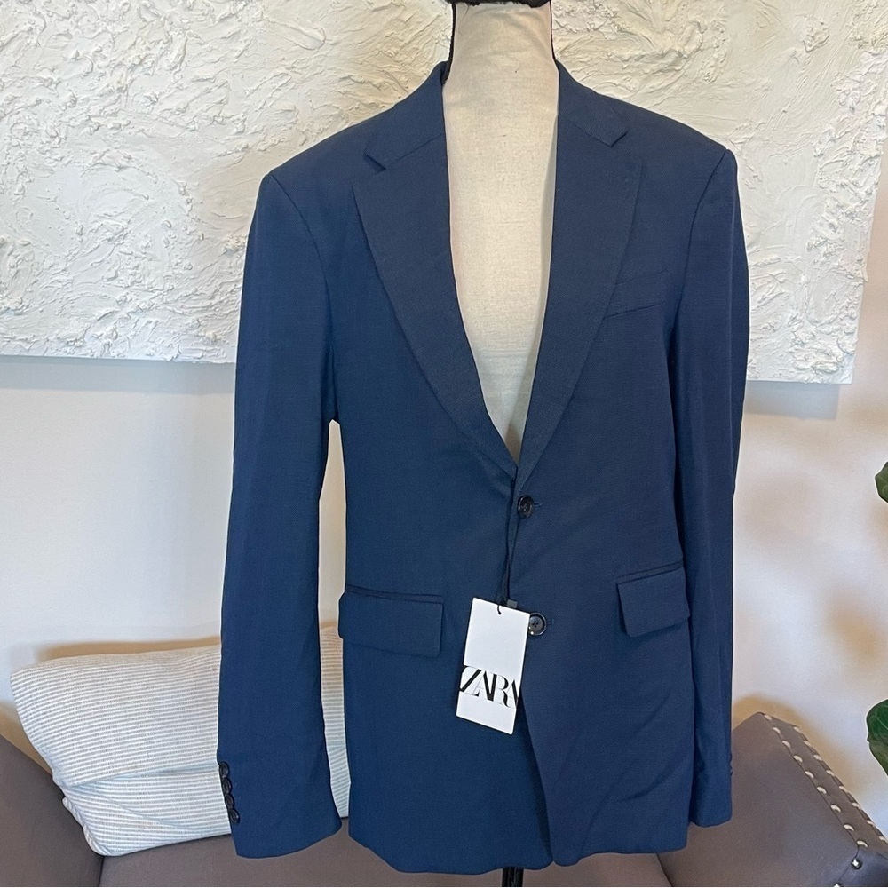 ZARA Mens Texture Wool Blazer JACKET USA 38 Blue NWT $149